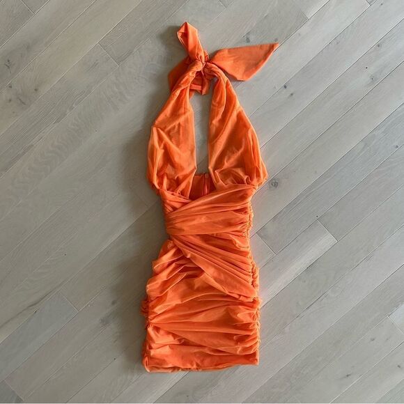 Mistress Rocks 'OVER IT' Orange Gathered Mesh Halter Neck Mini Dress - Picture 1 of 7